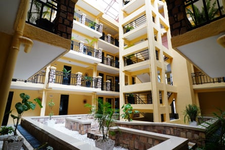 Internal balconies and walkways and a courtyard in a hostel building