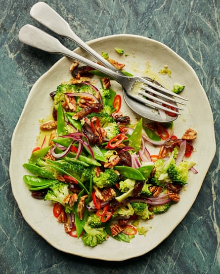 Broccoli, date, pecan and chili chopped salad.