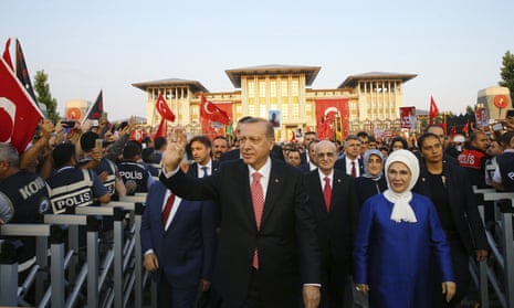 Recep Tayyip Erdoğan with his wife Emine outside the presidential palace in Ankara during the inauguration ceremony of a monument to commemorate the victims of the coup on 15 July 2016.