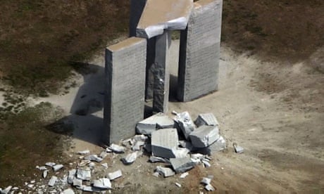 This aerial image taken from video, show damage to the Georgia Guidestones monument near Elberton, Ga., on Wednesday, July 6, 2022. The Georgia Bureau of Investigation said the monument, which some Christians regard as satanic, was damaged by an explosion before dawn. (WSB-TV via AP)
