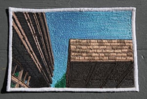 A view of Edinburgh University library as created in embroidery by designer Laura Lees.