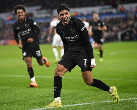 Omar Marmoush celebrates after scoring Manchester City’s second goal.