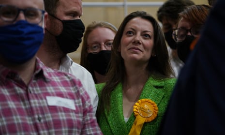 Sarah Green of the Lib Dems after being declared winner in the Chesham and Amersham vote.