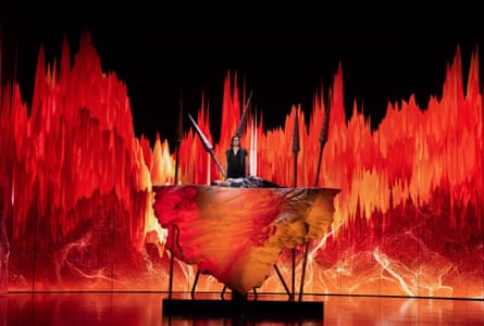 Fiery landscape spanning the full width of stage during Siegfried