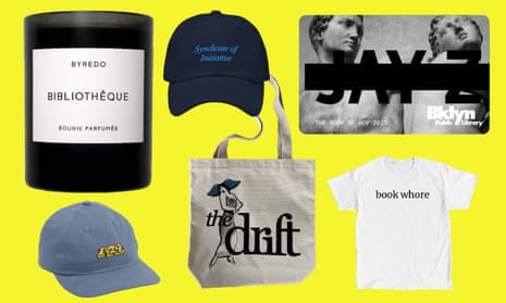 a 'bibliotheque' candle, A24 cap, drift tote bag, t-shirt that says 'book whore', jay-z library card, and cap that says 'syndicate of initiative'
