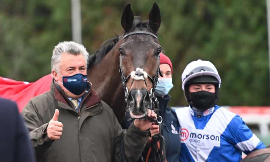 Trainer Paul Nicholls with Frodon and jockey Bryony Frost after winning the King George Vl Chase last year.