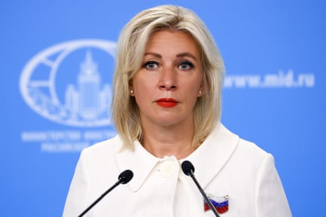 Russian foreign ministry spokesperson Maria Zakharova speaking at a podium during a press conference.