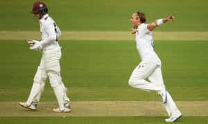 Aaron Beard of Essex celebrates after taking the wicket of Tom Abell of Somerset.