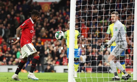 Fred scores Manchester United’s second goal past Wayne Hennessey to give his side a 5-0 aggregate victory.