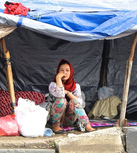 Hazara asylum seeker Sharmila Attaie, 10, in a makeshift shelter outside the Kalideres immigration detention centre