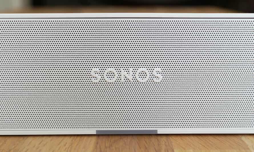 The front of the Ray soundbar showing the Sonos logo in its centre.