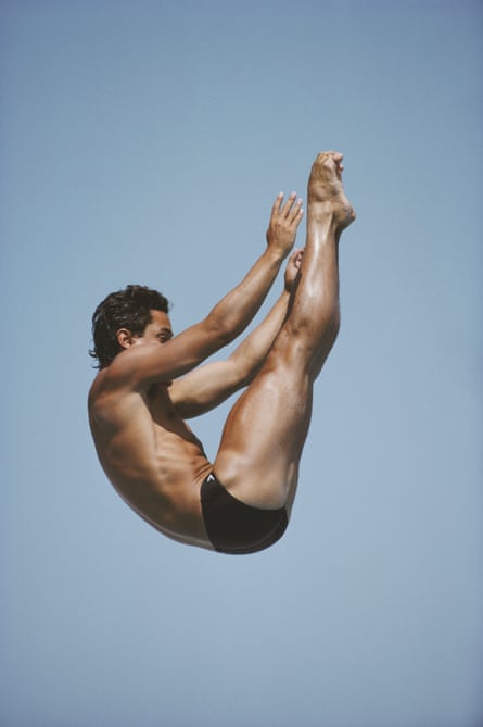 Performing a practice dive at the Los Angeles Olympic Games in 1984.