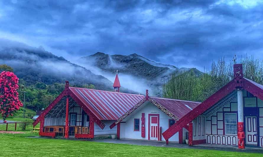 The three wharenui (communal houses) at Koriniti Marae. They are named Poutama, Hikurangi Wharerata and Te Waiherehere