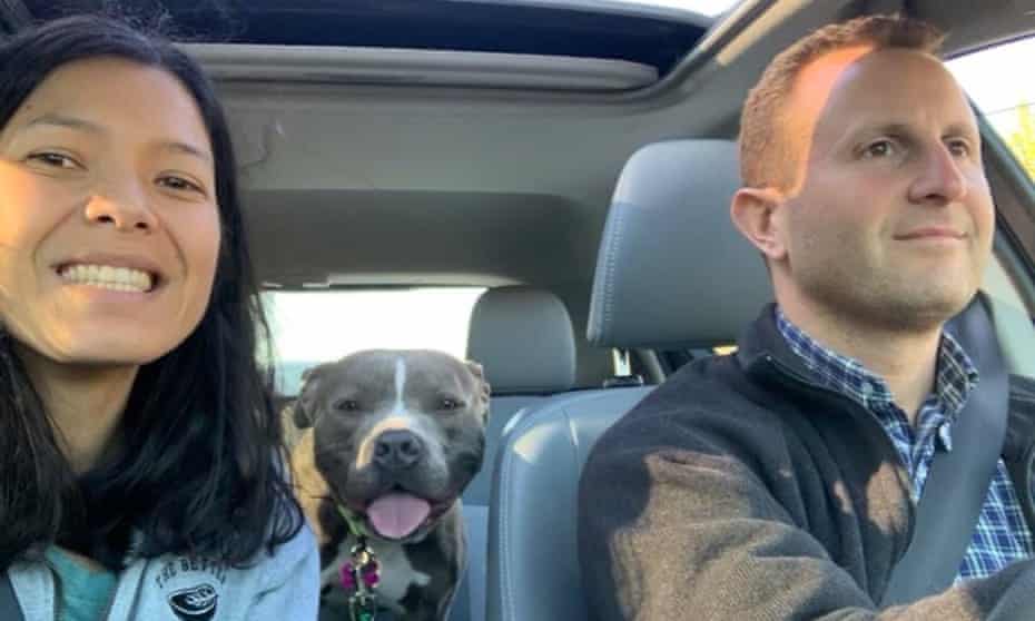 Toni Okamoto and husband Paul Shapiro bring two-year-old pitbull Eddie home from Front Street Animal Shelter in Sacramento, California.