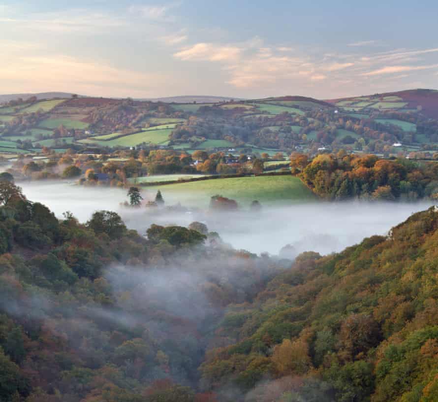 Mists follow the Teign Gorge beneath Castle Drogo, Dartmoor, Devon.