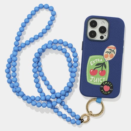 A blue mobile phone with a blue beaded strap