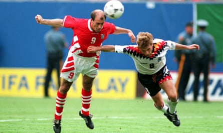 Yordan Letchkov beats Thomas Hässler to the ball to score Bulgaria’s winning goal in the 1994 quarter-final.