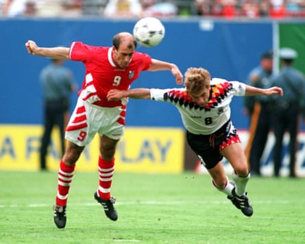Bulgaria’s Yordan Letchkov beats Germany’s Thomas Hassler to score the winning goal in the 1994 quarter-finals in Meadowlands, New Jersey