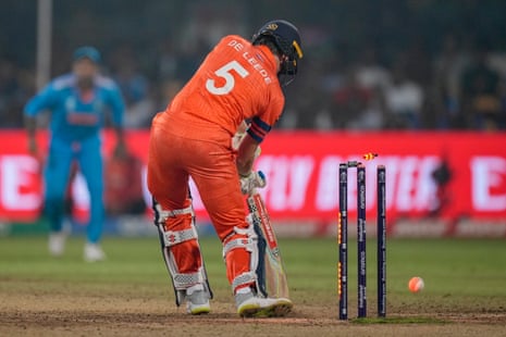 Netherlands' Bas De Leede is bowled by India's Jasprit Bumrah.