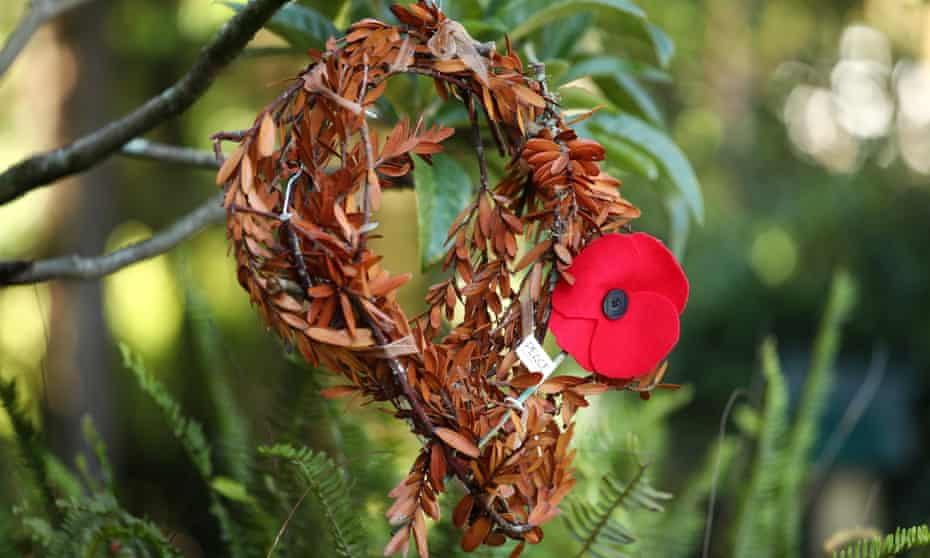 A wreath made from fallen Kauri tree leaves commemorates Anzac Day in a driveway in Auckland, New Zealand