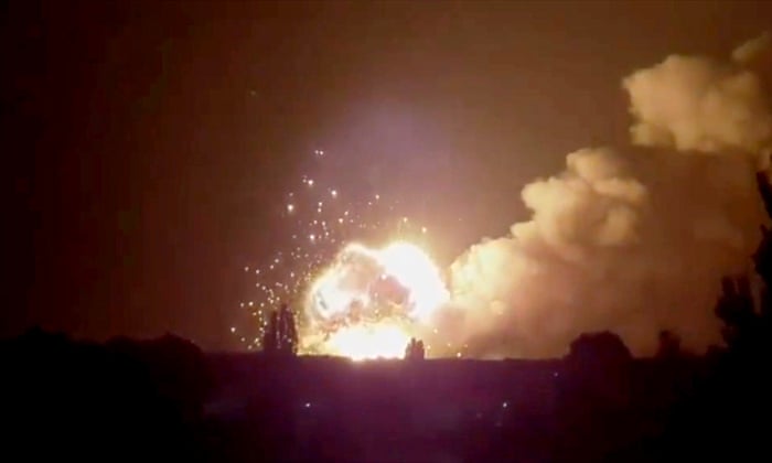Huge explosion in Russia-occupied Novaya Kakhovka in Kherson region, Ukraine.