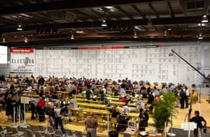 A wide shot of the board with rows of desks in the foreground