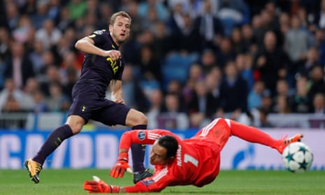 Harry Kane watches as his shot is saved by Real Madrid’s Keylor Navas.