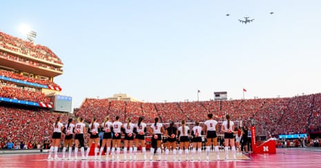 A KC-135 and three F-16 jets fly over the stadium during the national anthem before Wednesday’s match between the Nebraska Cornhuskers and the Omaha Mavericks at Memorial Stadium.