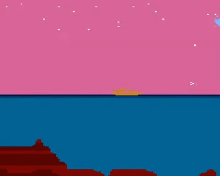 Screengrab of a basic illustration of pink sky with stars, and a vehicle floating on a big blue stripe with mountains or houses in the foreground