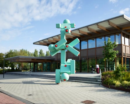 A sculpture outside the building entrance