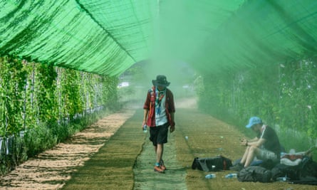 탐조등이 미스트 스프레이를 통과합니다.