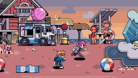 A screenshot of video game Scott Pilgrim EX, with a Scott Pilgrim and Ramona Flowers running along a beach.