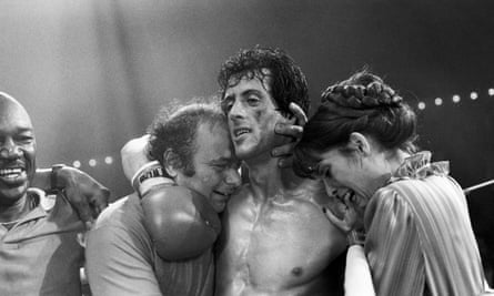 Burt Young with Sylvester Stallone and Talia Shire in Rocky III, 1982.