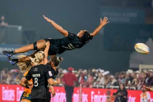 Dubai, UAE: New Zealand’s Risi Pouri-Lane jumps for the ball during the final of the World Rugby Sevens Series 2022 against Australia