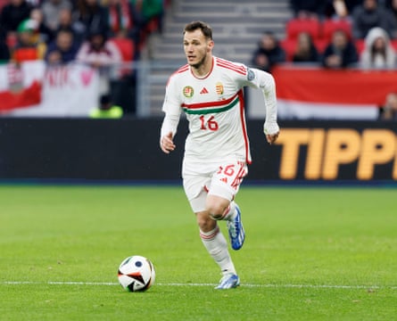 Daniel Gazdag of Hungary runs with the ball during the Euro 2024 qualifying match against Montenegro at Puskas Arena this month in Budapest.