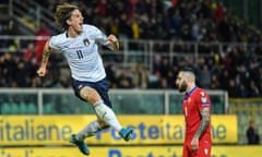 Nicolo Zaniolo celebrates scoring Italy’s second goal on a night when seven different Azzurri players found the net against Armenia to make it 10 wins out of 10 in Euro 2020 qualifying.