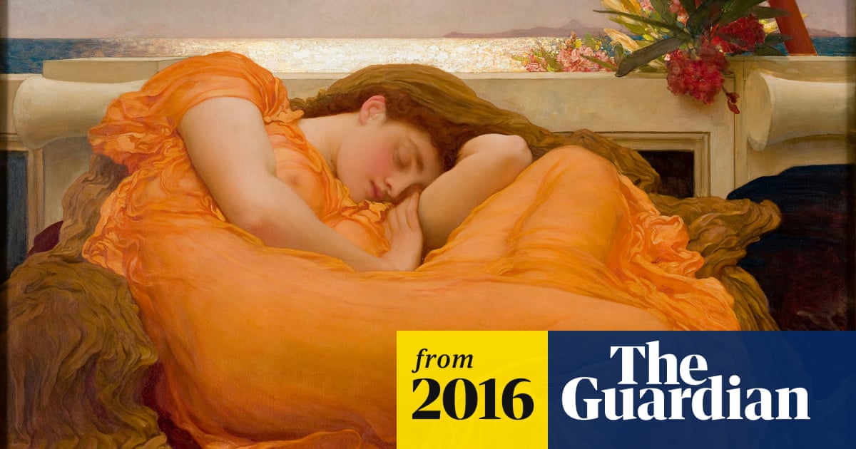 sleeping woman in orange dress painting Flaming June Shower Curtain by Frederic Leighton
