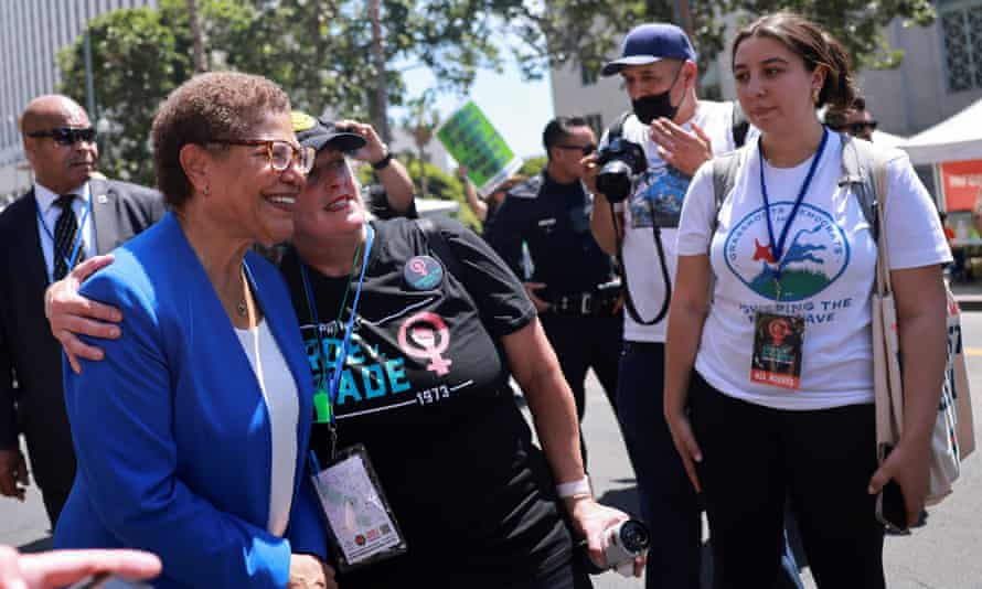 Bass poses for pictures during demonstrations following the leaked Supreme Court opinion suggesting the possibility of overturning Roe v. Wade, in Los Angeles, May 2022.
