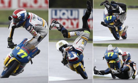 A dramatic sequence of images showing Moto3 rider Lorenzo Petrarca of Team Italia crashing during free practice for the 2016 MotoGP of Australia at Phillip Island Grand Prix Circuit.