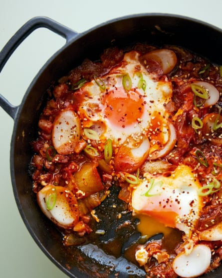 Kimchi and gochujang skillet fried eggs