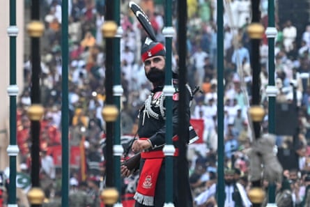 Pakistani Rangers take part in the beating retreat ceremony at the Attari-Wagah border.