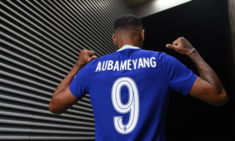 Pierre-Emerick Aubameyang shows off his Chelsea shirt