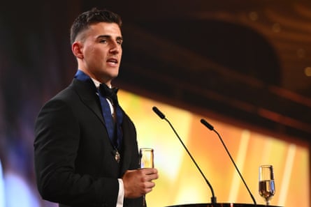 Nick Daicos of Collingwood speaks to guests as he celebrates winning the 2026 AFL Brownlow Medal at Crown Palladium in Melbourne, Monday, September 21, 2026. (AAP Image/Joel Carrett) NO ARCHIVING, EDITORIAL USE ONLY
