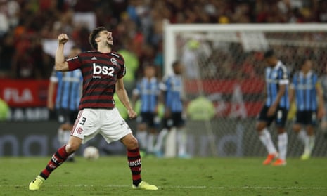 Rodrigo Caio enjoys Flamengo’s victory over Grêmio in the Copa Libertadores semi-finals at the Maracanã.