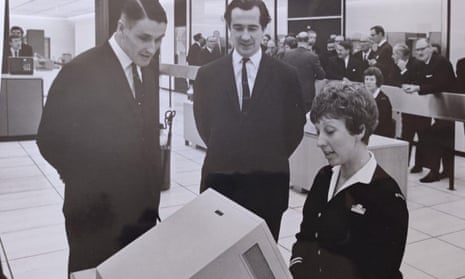 Peter Hermon, left, the politician William Rodgers, then a trade minister, and a BOAC employee at the opening of the Boadicea computer system at London Heathrow airport in November 1968