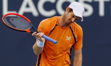 Andy Murray looks dejected during his match against Tomas Machac in the third round of the Miami Open at the Hard Rock Stadium on 24 March 2024 in Miami Gardens, Florida