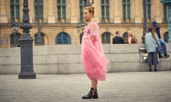 Jodie Comer wearing a Molly Goddard dress and stompy boots in Killing Eve.
