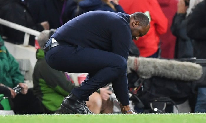 Crystal Palace manager Patrick Vieira reacts after Arsenal’s last minute equaliser.