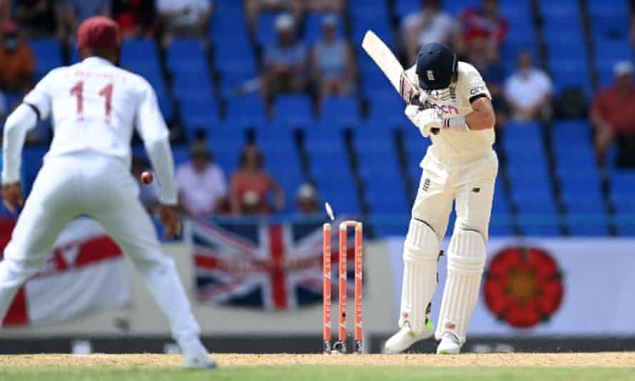 Jonny Bairstow rescues England with ton after West Indies strike early blows | England in West Indies 2022 2 England captain Joe Root is bowled offering no stroke to Kemar Roach for 13.