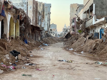 A damaged neighbourhood in Derna, days after Storm Daniel devastated eastern Libya last month.